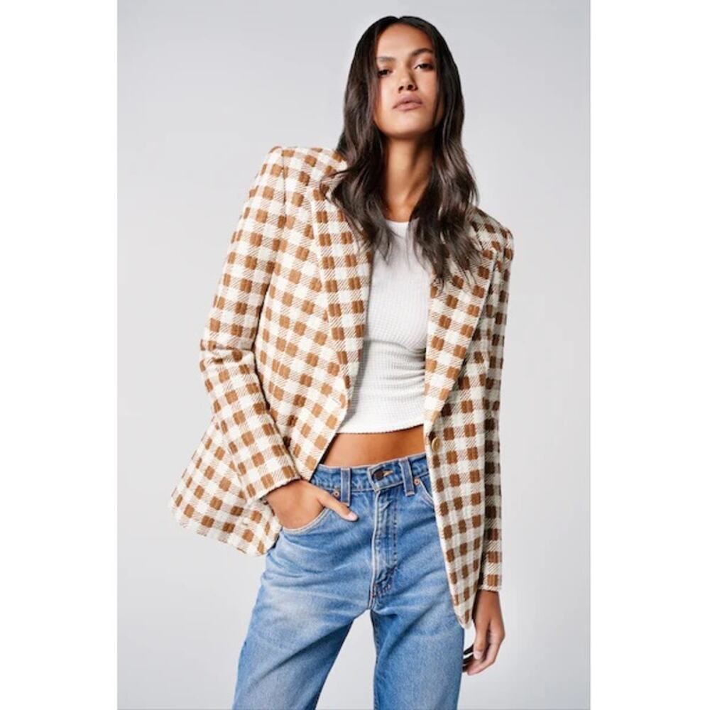 NWT Smythe 90s Cotton-Blend Single Button Blazer Jacket Umber Check Size M